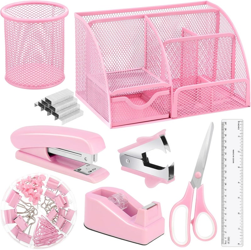 AuraRay Pink Desk Organizers and Accessories, Pink Office Supplies Include Mesh Desk Organizer, Tape Dispenser, Stapler, 1000 Staples, Staple Remover, Pen Holder, Clips Set, Ruler, Scissors - Image 1